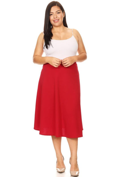 Solid High Waisted A-Line Midi Skirt with Elastic Waist - Elegant and Comfortable