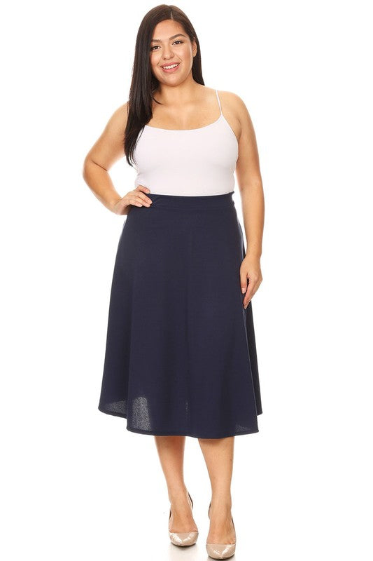 Solid High Waisted A-Line Midi Skirt with Elastic Waist - Elegant and Comfortable
