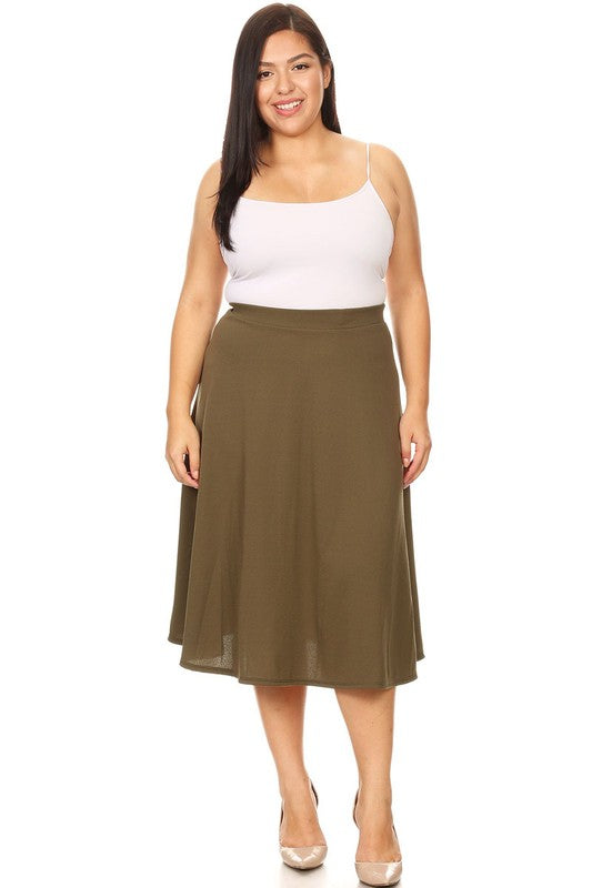 Solid High Waisted A-Line Midi Skirt with Elastic Waist - Elegant and Comfortable